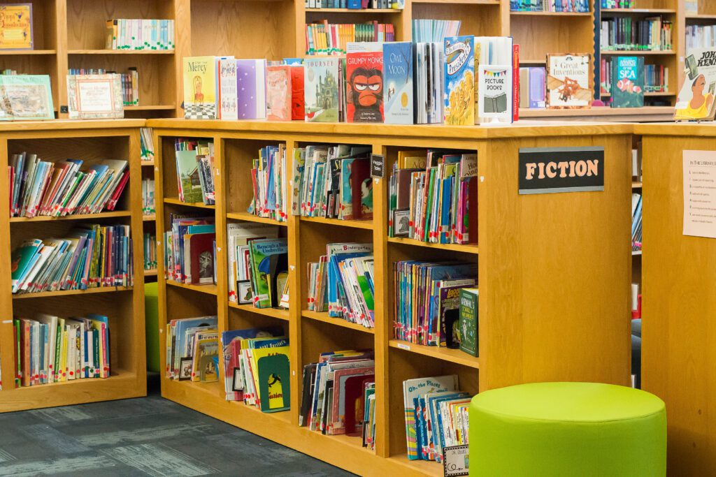 Shelves full of books in the school library.